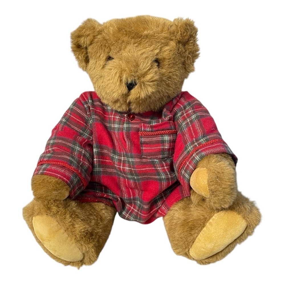 Vermont Teddy Bear Brown Plaid Nightshirt 15" Jointed Made In USA Collectible - Picture 3 of 6